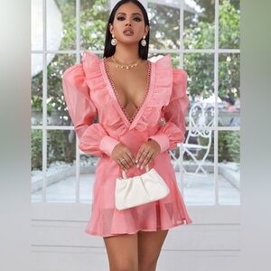 Deep V Neck Ruffle Layer Swing Casual Dress